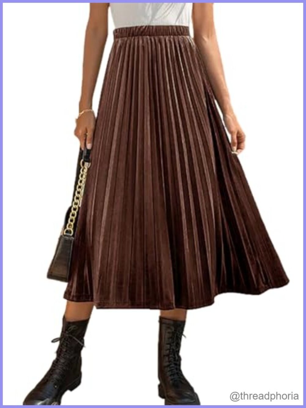 Women's Velvet Pleated A-Line Midi Skirt High Elastic Waist
